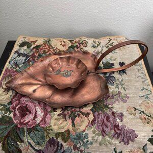 Vintage Copper Leaf Shaped Candlestick Candle Holder w/Handle 10" Long